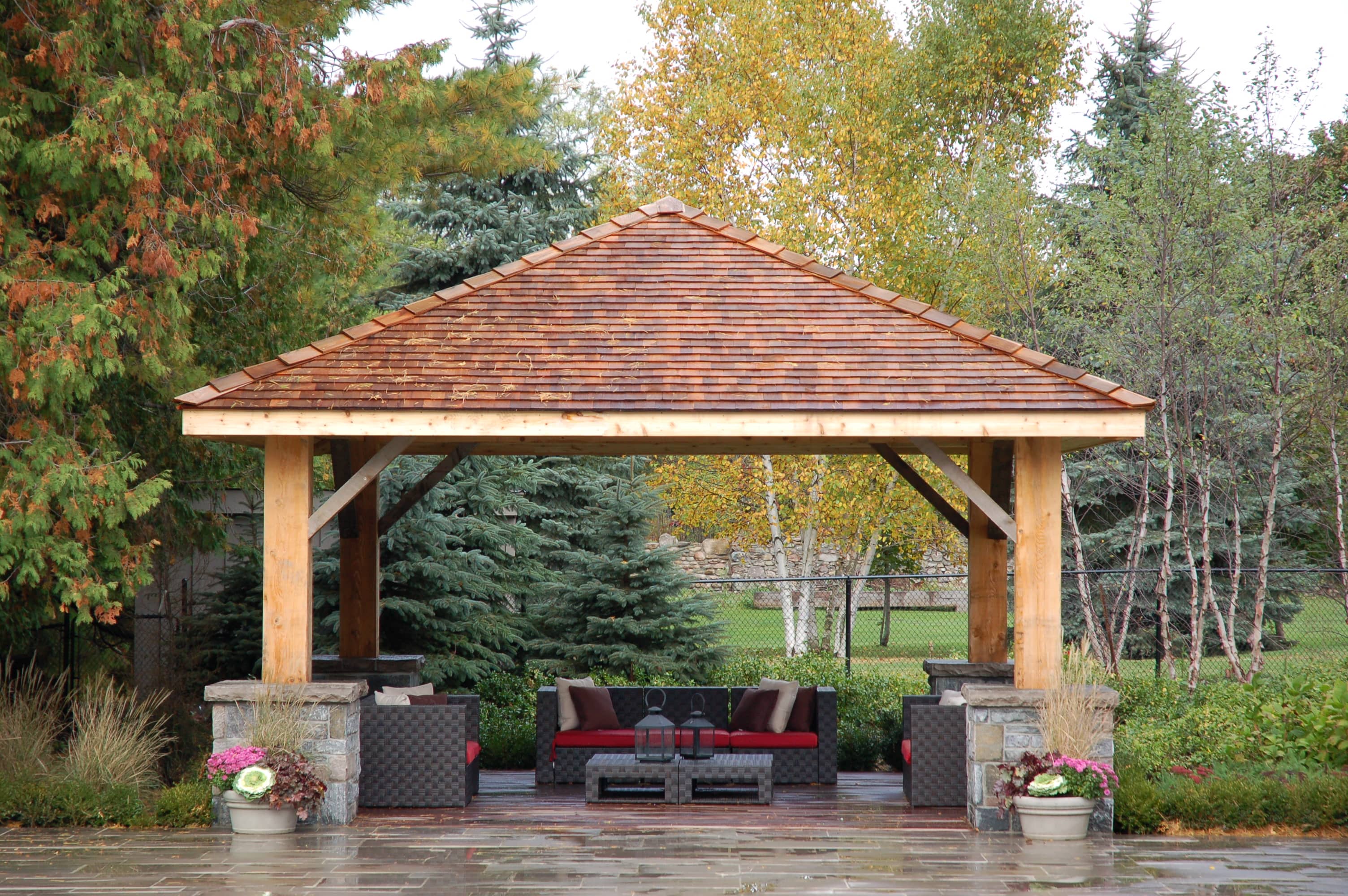 gazebo with granite pillars, hemlock posts