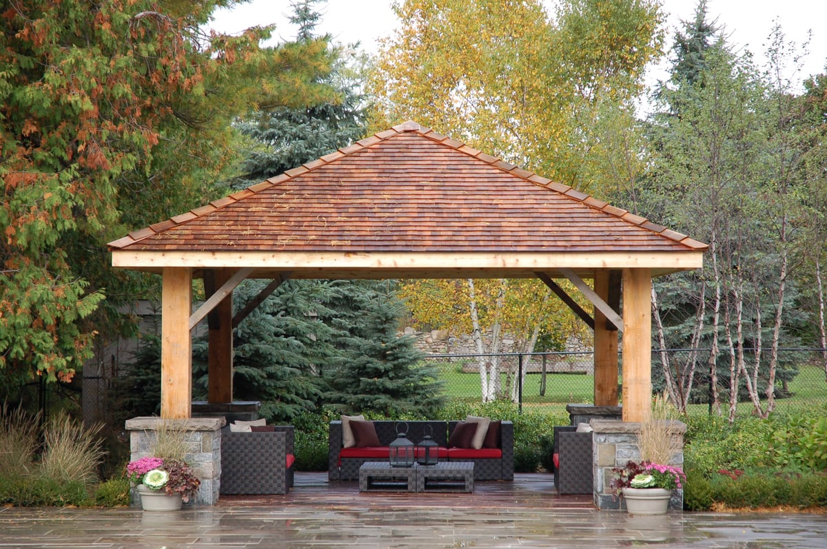 gazebo with granite pillars, hemlock posts